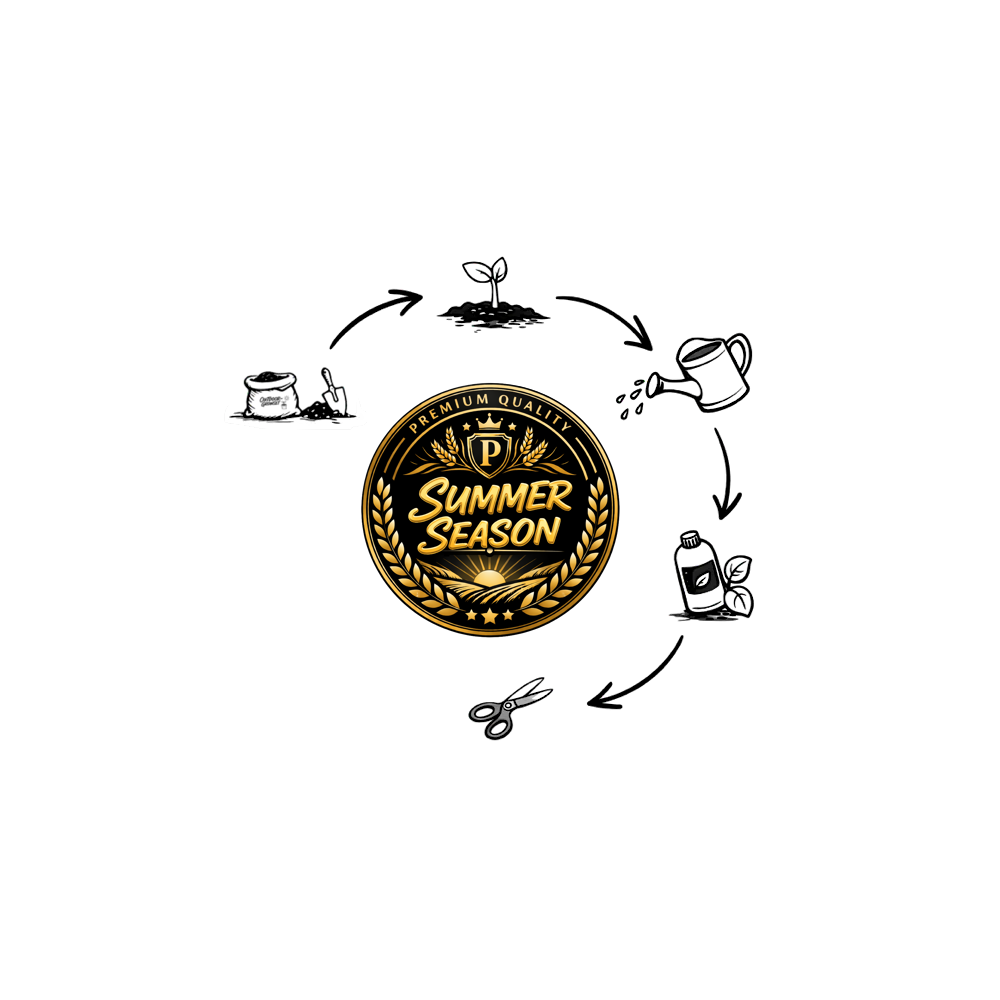 Goldenes ‚Summer Season‘-Badge mit Symbolen für den Pflanz- und Wachstumszyklus 